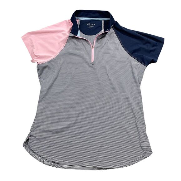 Peter Millar Large Womens Blue Pink Polyester Blend Polo 1/4 Zip Short Sleeve - Picture 1 of 4